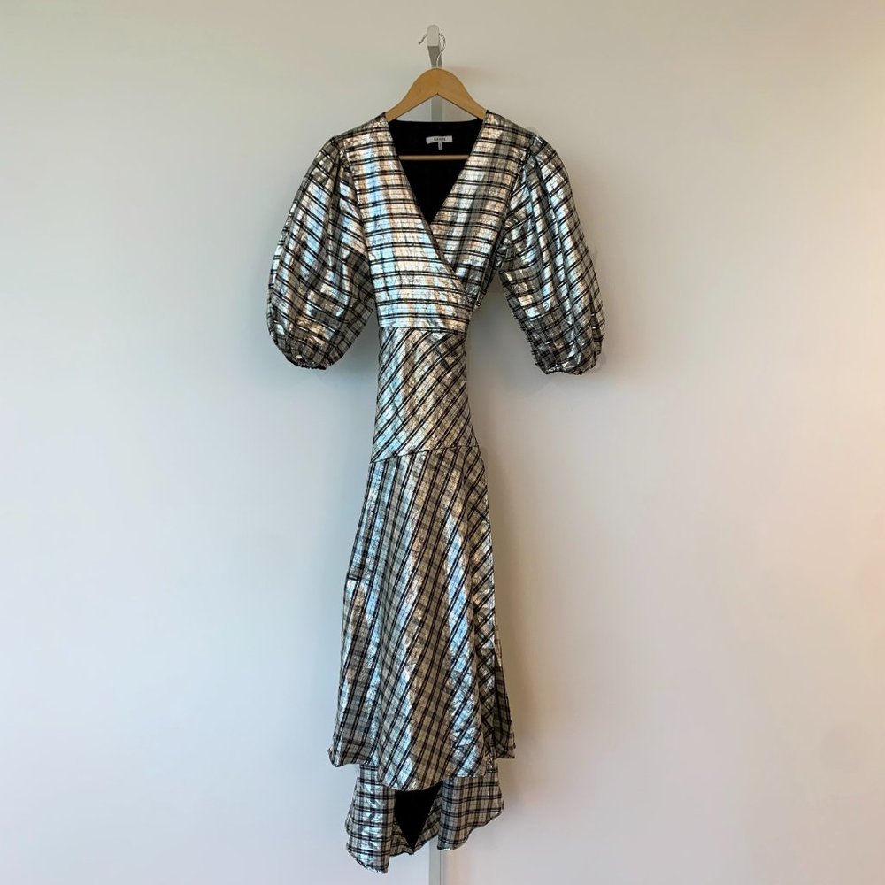 GANNI Checked Silk-blend Lamé Midi Wrap Dress